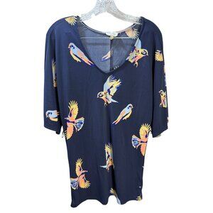 Deletta Navy Bird Print V-Neck Tunic Top With Half Sleeves Womens XS Lightweight